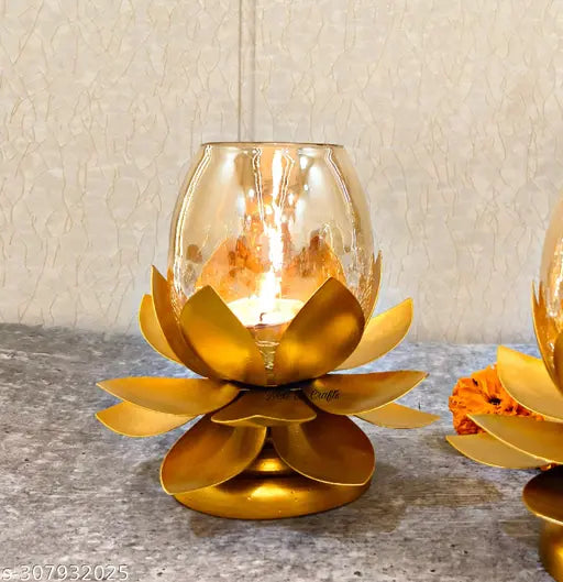 Kraphy Crystal Crackle Gold Plated Candle Holder Tealight Stand