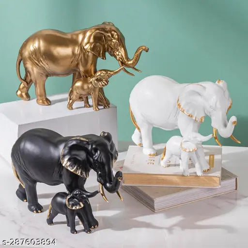 Resin White Black Golden Walking Animal Small Elephant Family Mom and Baby Sculpture for Home Decor (Black)