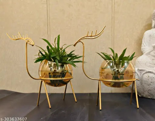 Kraphy Modern Glass Plant Holder Metal Gold Hydroponic Plants Stand (pack Of 2 )