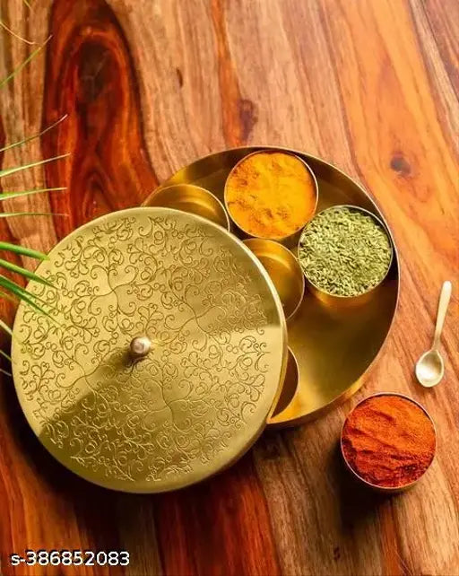 Kraphy Handcrafted Brass platium Spice Box Set For Kitchen With Spoon (7 Containers, 40 ML) - Masala Container Masala Dabba