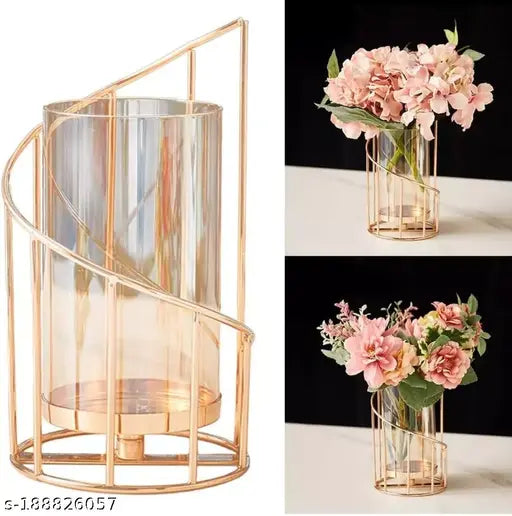 Kraphy Metal Geometric Designer Gold Pillar Flower Vase with Removable Glass (Pack of 1)