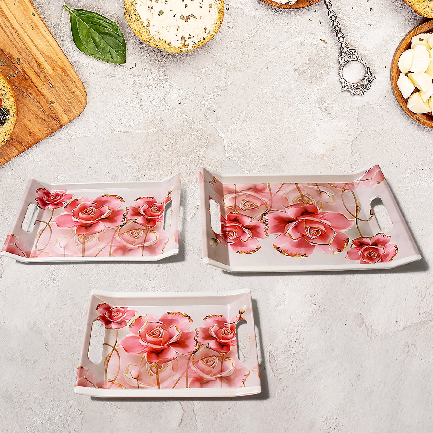 Plastic Rectangular Serving Tray Set – Printed Design Trays for Home & Kitchen