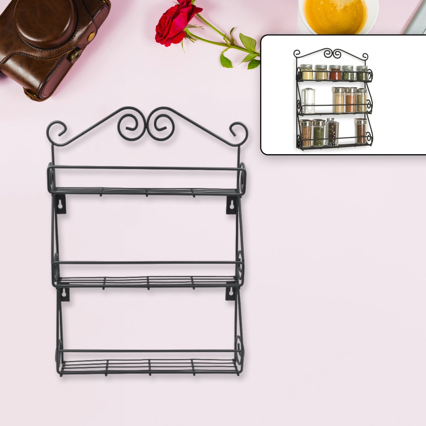 Big Wall Mounted Iron Wall Shelf with 3 Storage Racks for Kitchen
