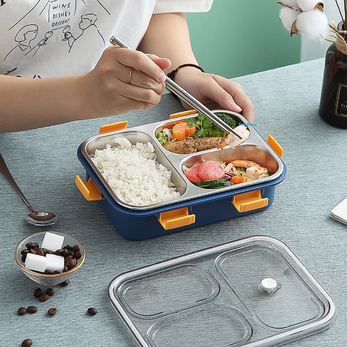 3 Compartment Transparent Stainless Steel Lunch Box with Spoon & Chopsticks (1 Set)