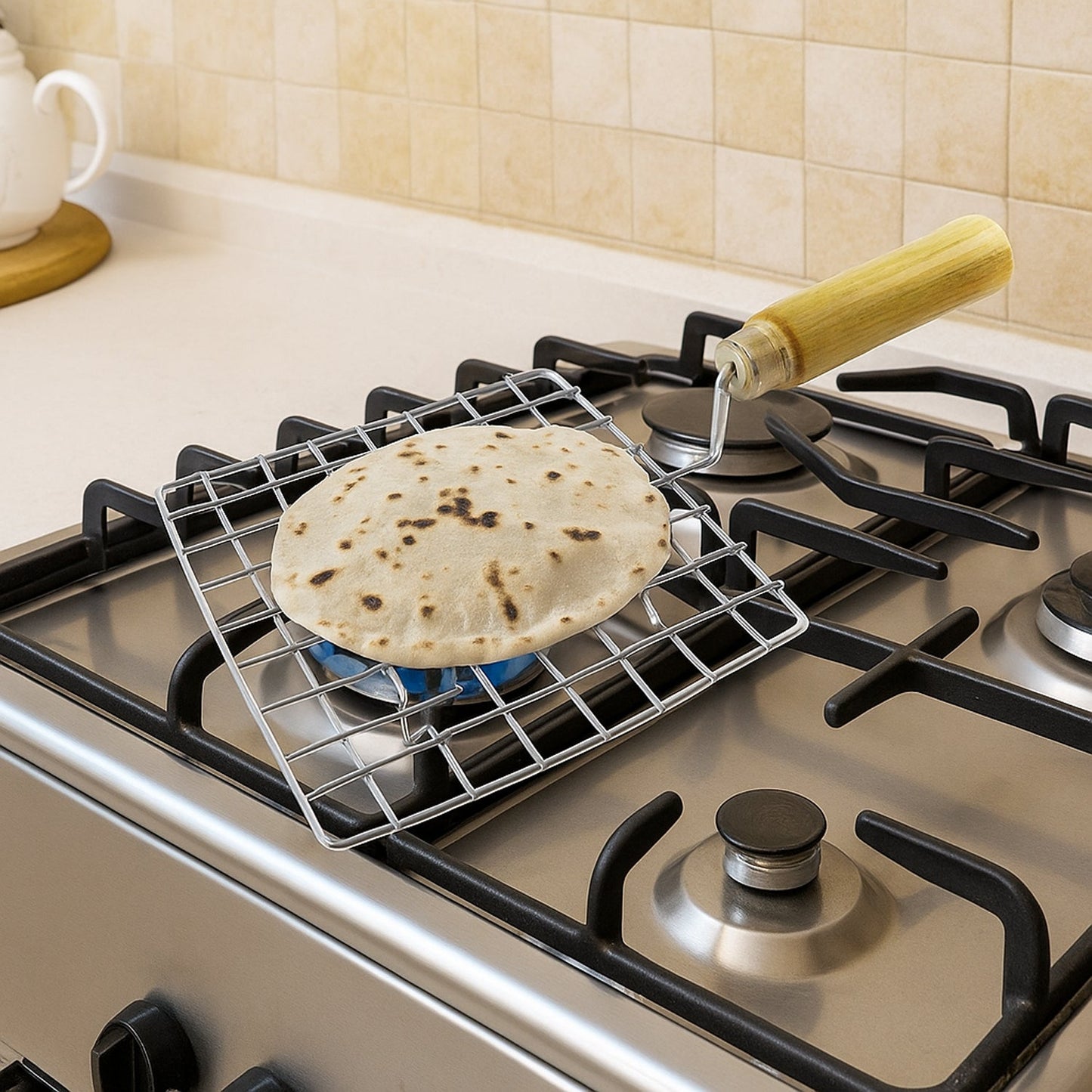 Kitchen Square Stainless Steel Roaster Jali, Barbecue Grill with Wooden Handle