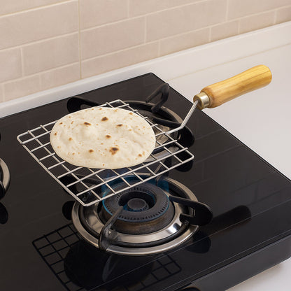 Kitchen Square Stainless Steel Roaster Jali, Barbecue Grill with Wooden Handle