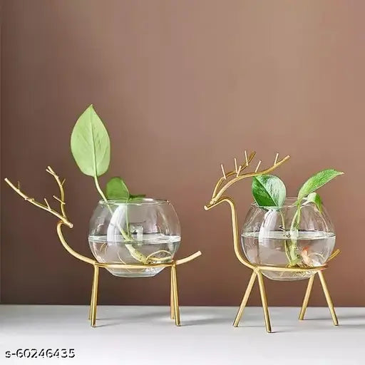 Kraphy Glass Planter Holder Deer  (Set of 2) (Gold) 