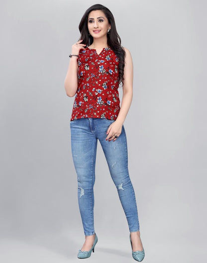 Luscious Red Coloured Printed Crepe Tops