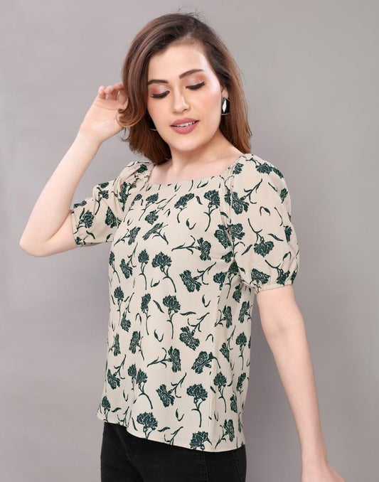 Immaculate Beige Coloured Digital Printed Crepe Tops 