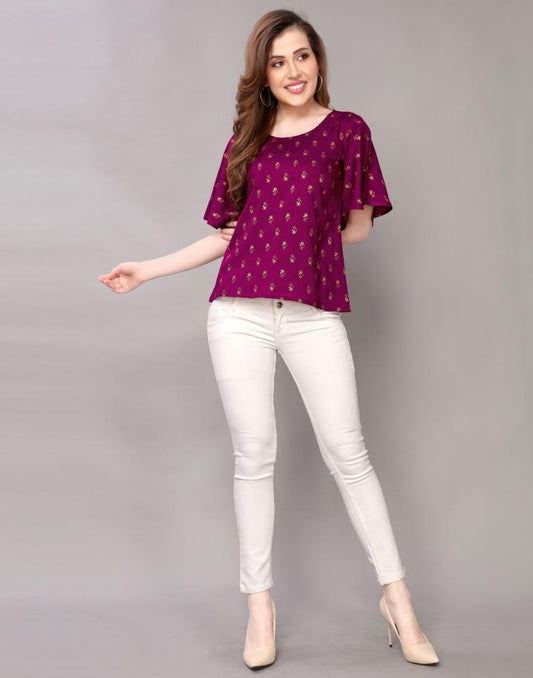 Mesmerising Purple Coloured Foil Printed Rayon Tops 