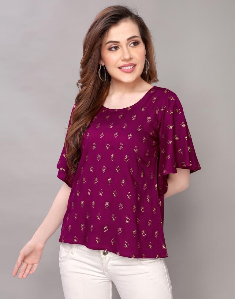 Mesmerising Purple Coloured Foil Printed Rayon Tops 