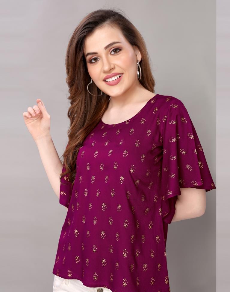 Mesmerising Purple Coloured Foil Printed Rayon Tops 