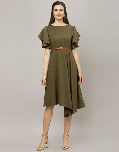 Olive Green Coloured Dyed Thick Georgette Dress