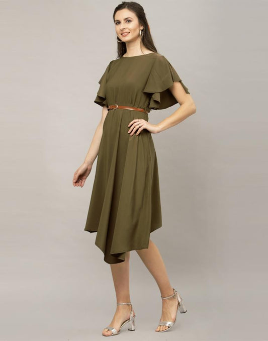 Olive Green Coloured Dyed Thick Georgette Dress