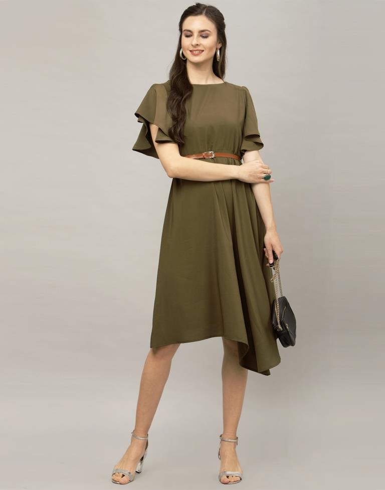 Olive Green Coloured Dyed Thick Georgette Dress