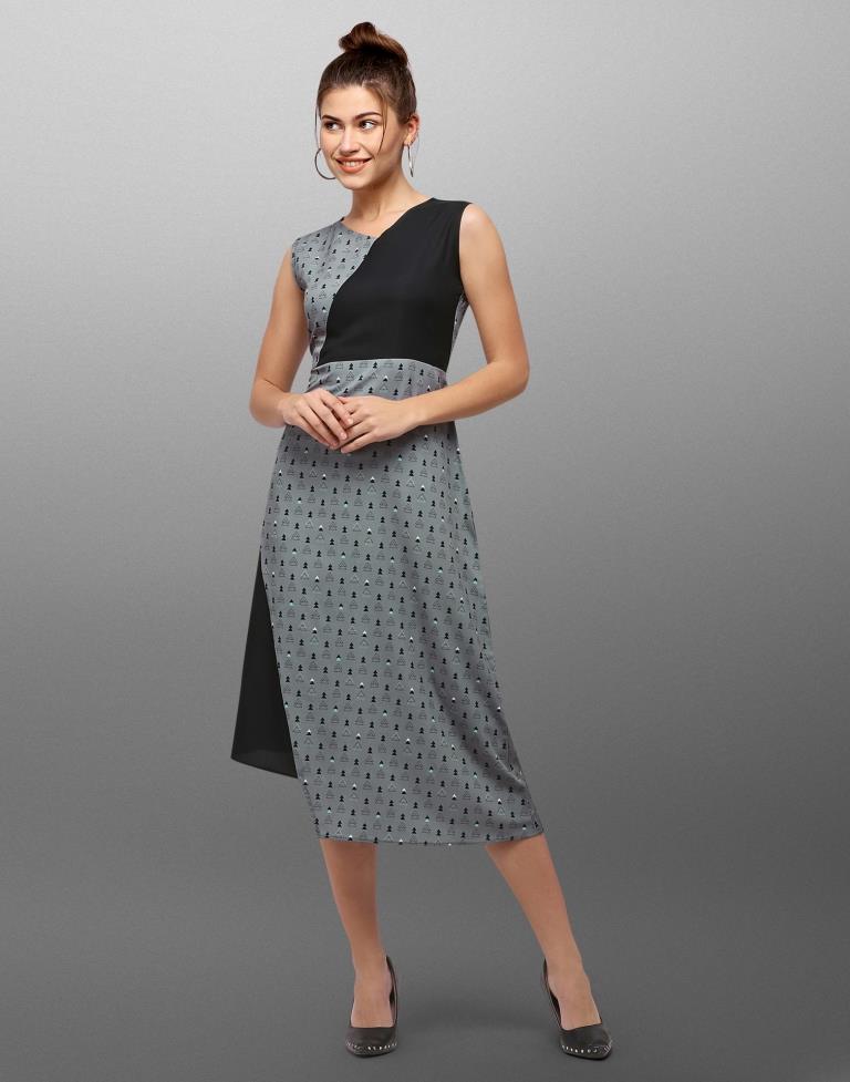 Grey Coloured Digital Printed Crepe Dress