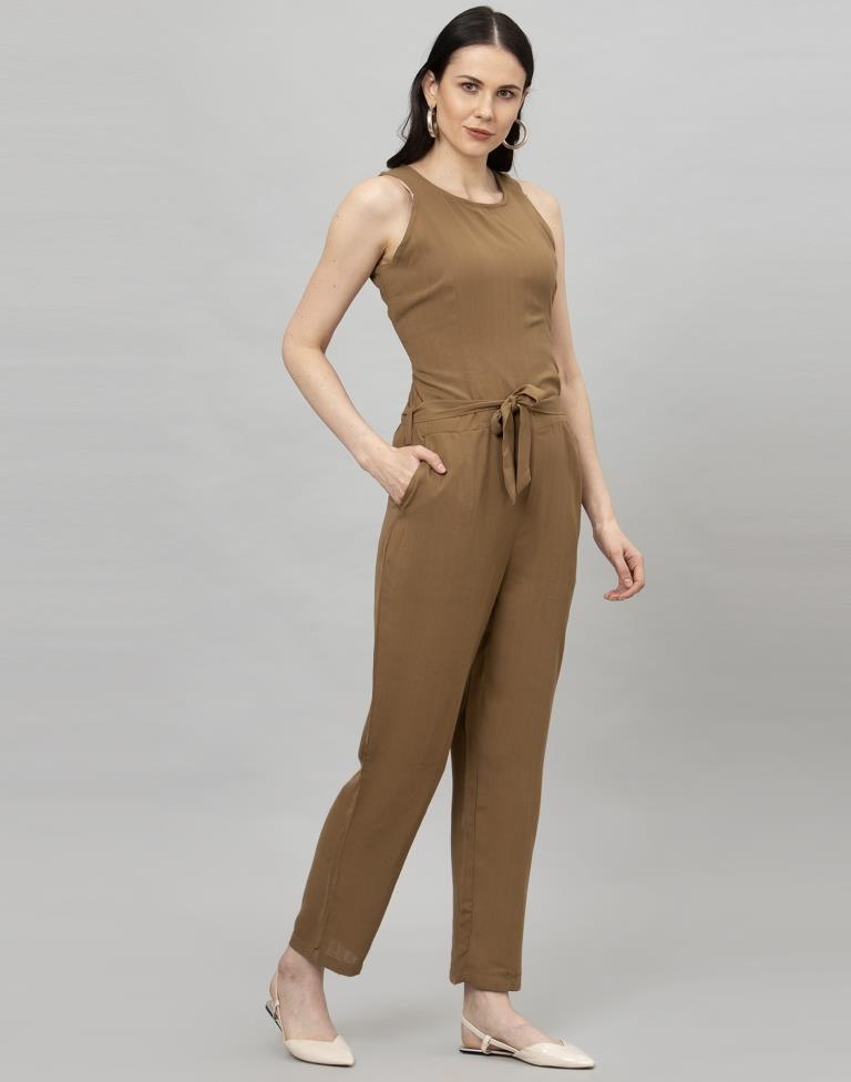 Peanut Brown Coloured Plain Poly Rayon Jumpsuit