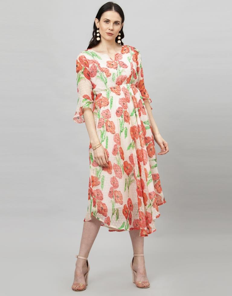 Off White Coloured Printed Chiffon Dress 