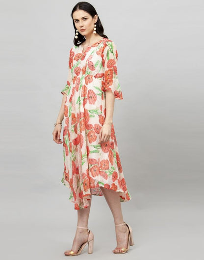 Off White Coloured Printed Chiffon Dress 