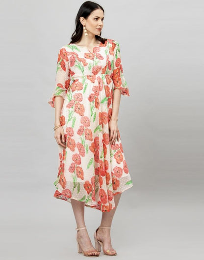 Off White Coloured Printed Chiffon Dress 