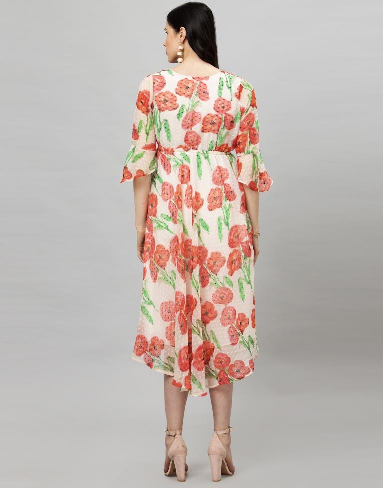 Off White Coloured Printed Chiffon Dress 