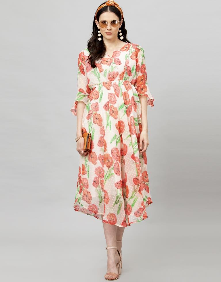 Off White Coloured Printed Chiffon Dress 