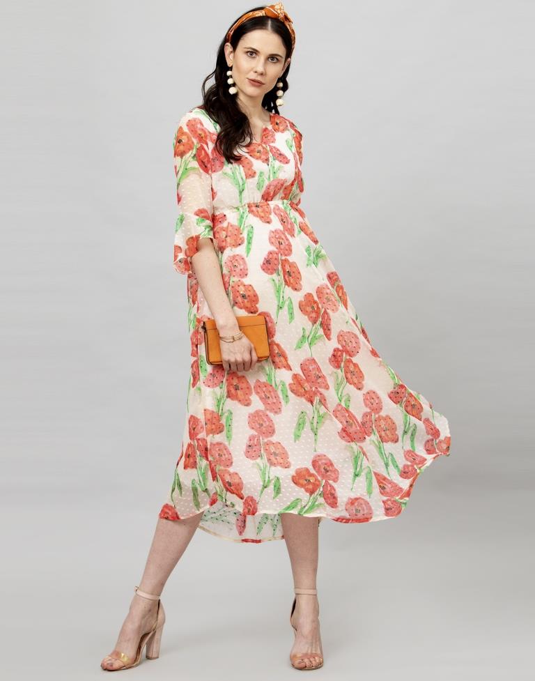 Off White Coloured Printed Chiffon Dress 