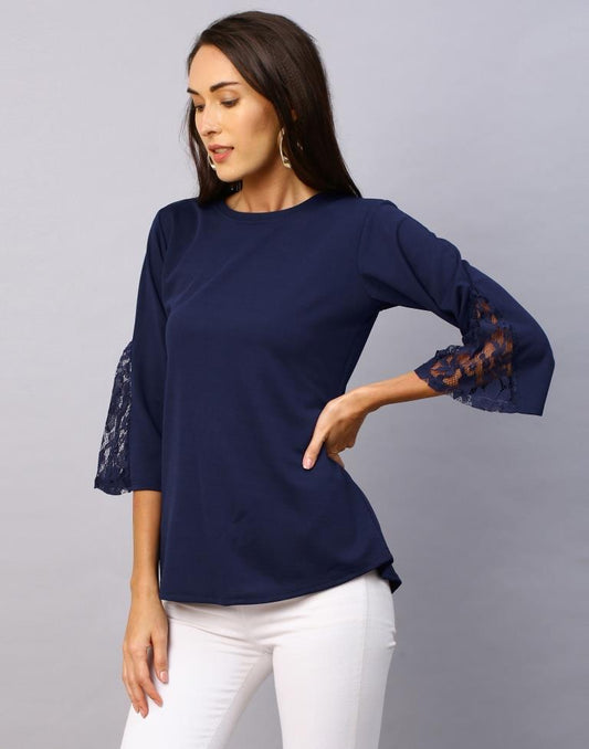 Elegant Navy Blue Coloured Russell Net Lycra Tops 