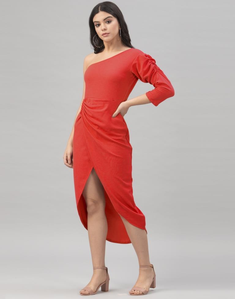 Enigmatic Red Coloured Knitted Lycra Dress