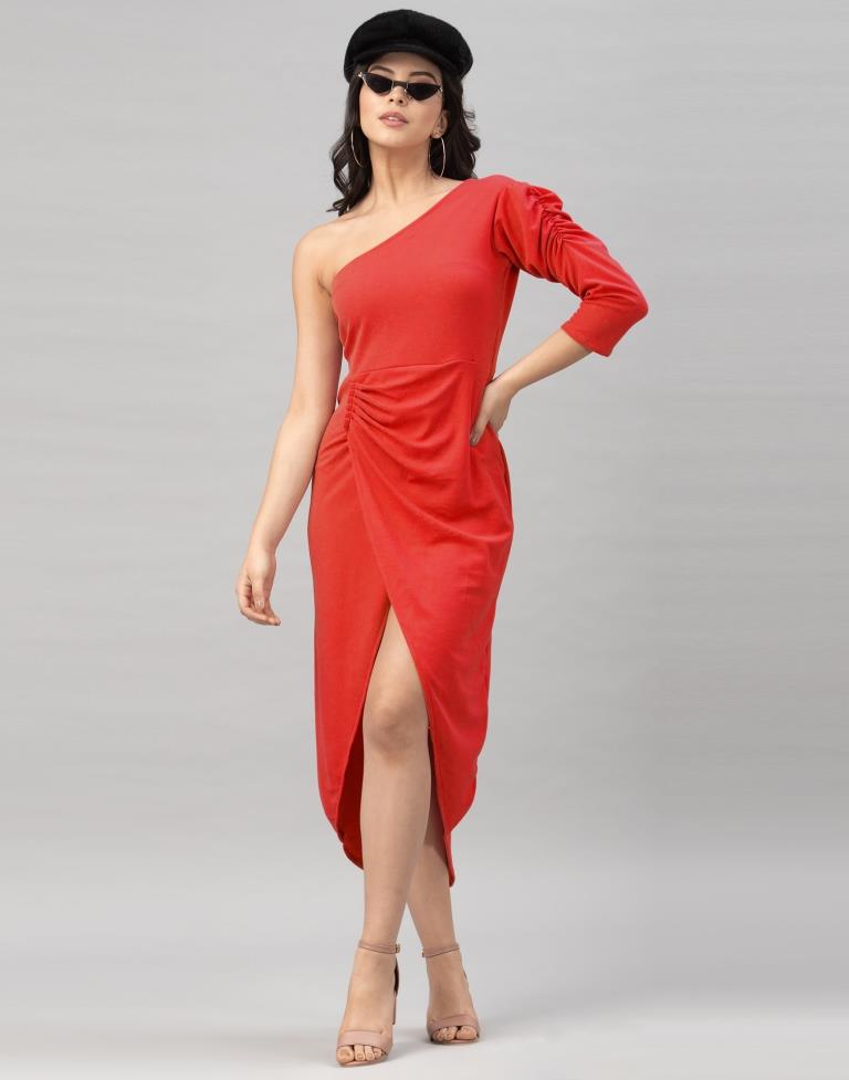 Enigmatic Red Coloured Knitted Lycra Dress