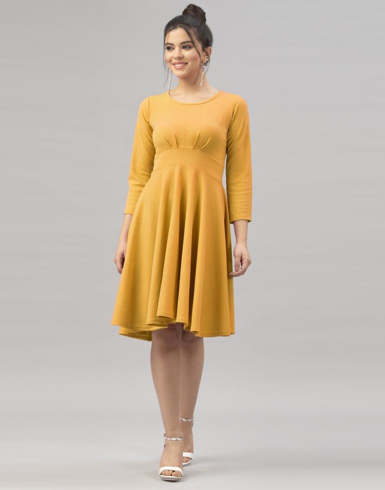 Whimsical Mustard Yellow Coloured Knitted Lycra Dress