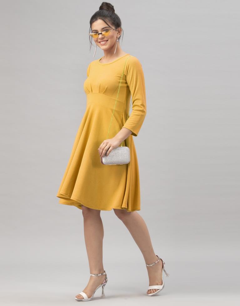 Whimsical Mustard Yellow Coloured Knitted Lycra Dress