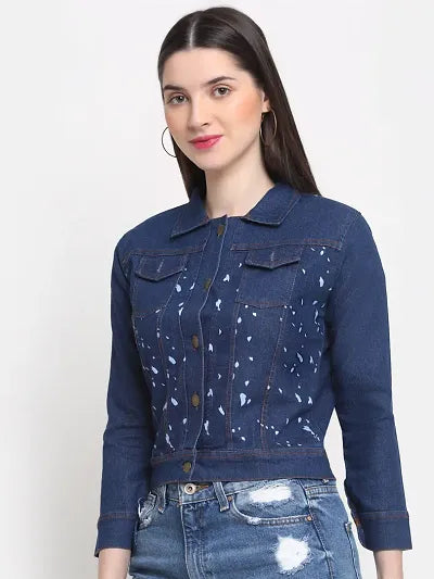 Reliable Dark Blue Printed Denim Jacket For Women 