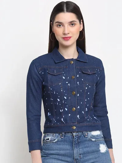 Reliable Dark Blue Printed Denim Jacket For Women 