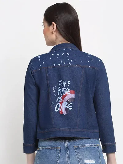 Reliable Dark Blue Printed Denim Jacket For Women 