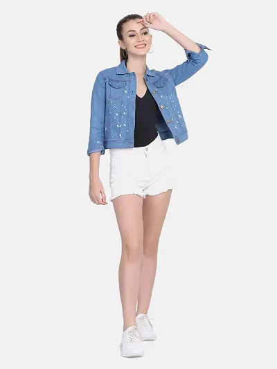 Reliable light Blue Printed Denim Jacket For Women 