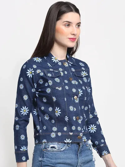 Reliable Dark Blue Printed Denim Jacket For Women 