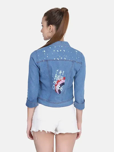 Reliable light Blue Printed Denim Jacket For Women 