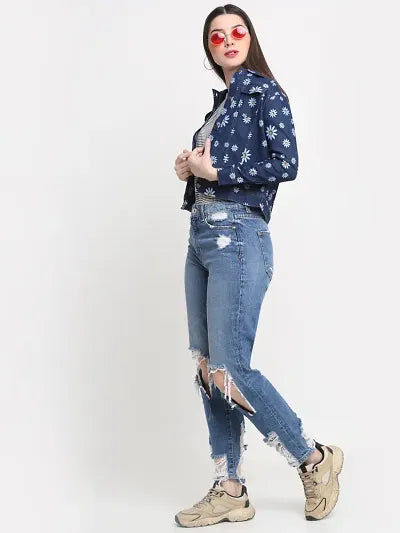 Reliable Dark Blue Printed Denim Jacket For Women 