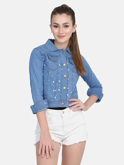 Reliable light Blue Printed Denim Jacket For Women 