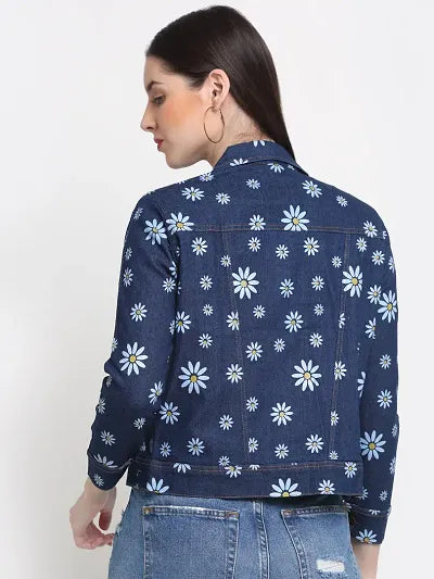 Reliable Dark Blue Printed Denim Jacket For Women 