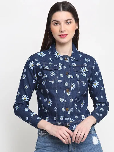 Reliable Dark Blue Printed Denim Jacket For Women 