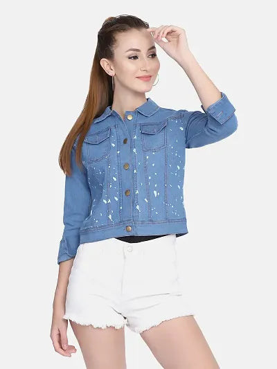 Reliable light Blue Printed Denim Jacket For Women 