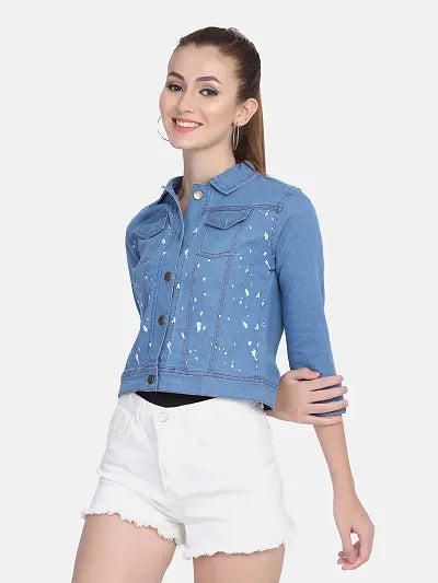 Reliable light Blue Printed Denim Jacket For Women 