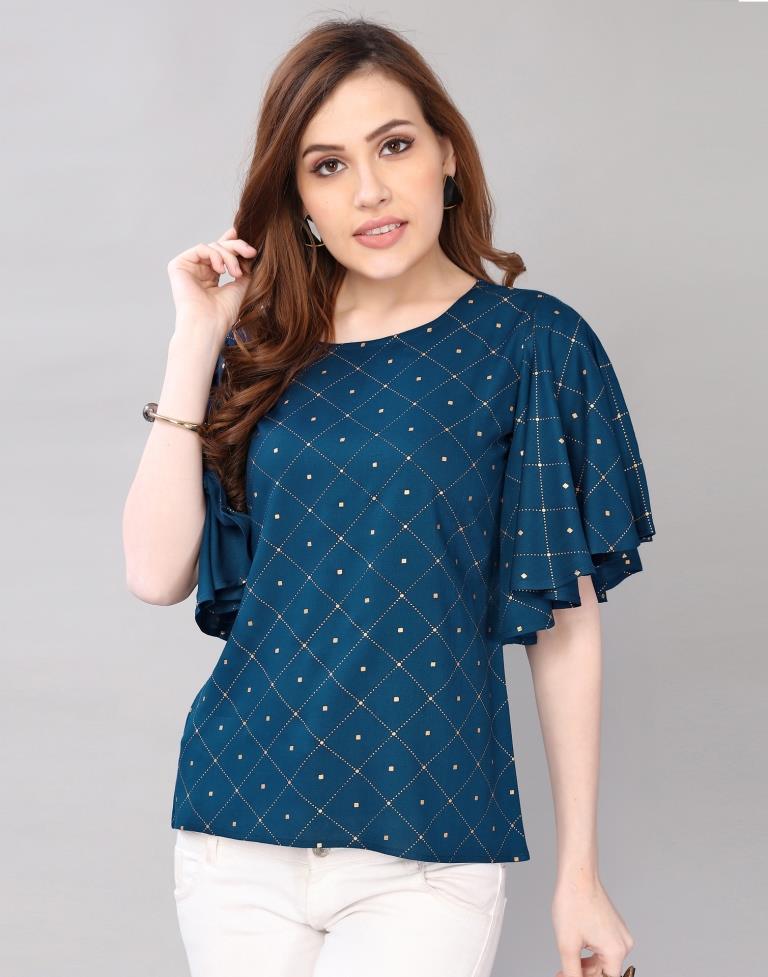 Teal Blue Coloured Foil Printed Rayon Top 