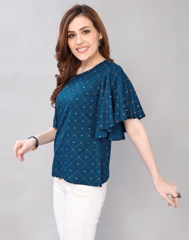 Teal Blue Coloured Foil Printed Rayon Top 