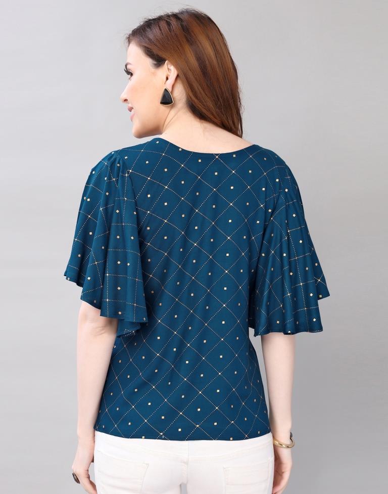 Teal Blue Coloured Foil Printed Rayon Top 