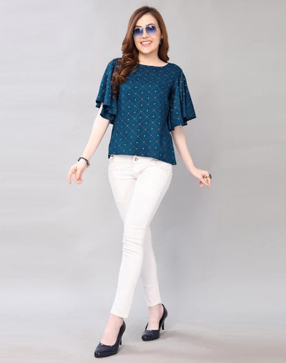 Teal Blue Coloured Foil Printed Rayon Top 