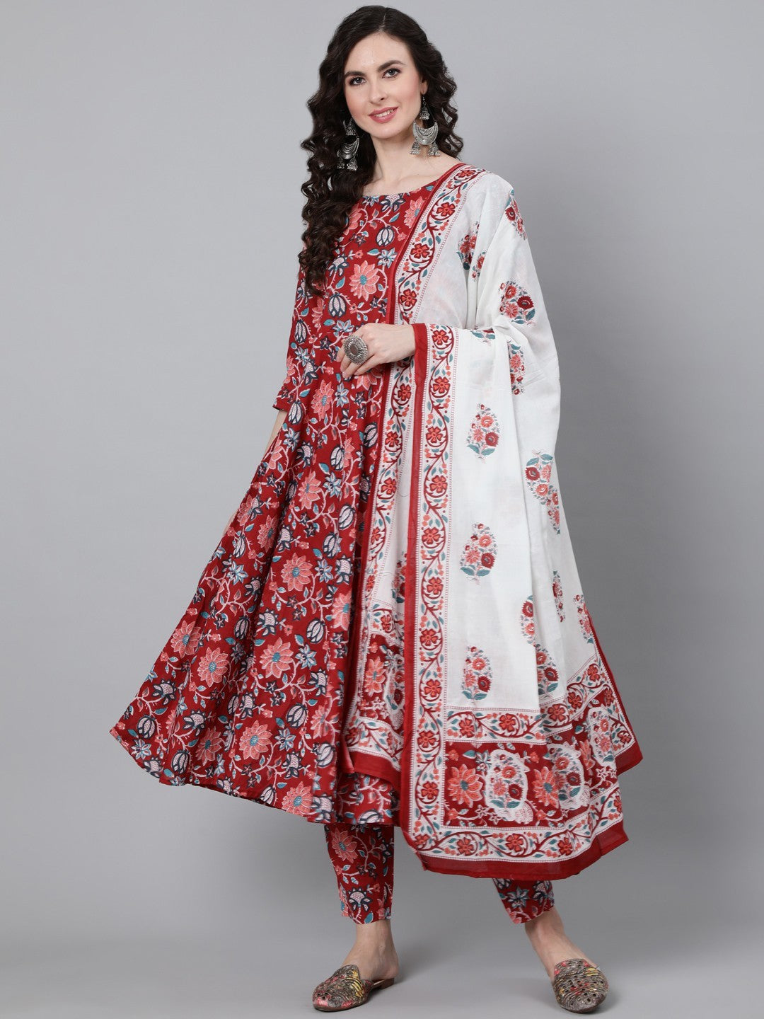 White & Red Fancy Kurti With Bottom Dupatta set