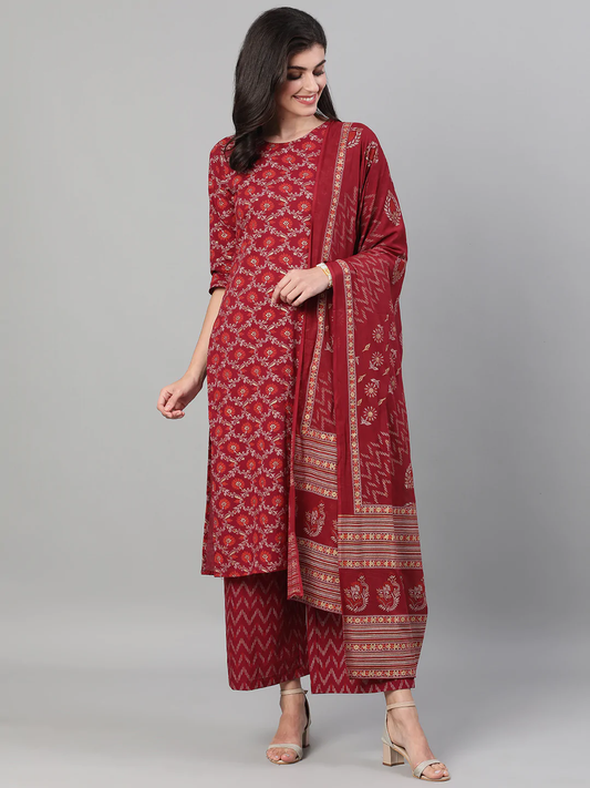 Red Printed Fancy Kurti With Bottom Dupatta set